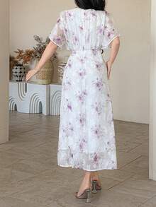 DAZY 女士印花重叠V领泡泡袖优雅连衣裙 - 紫色 - 查看 3