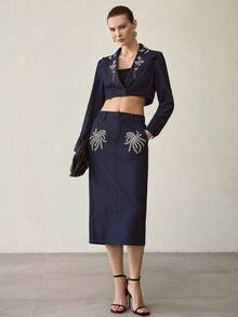 MOTF PREMIUM WOMEN'S RHINESTONE EMBELLISHED DENIM BLUE MIDI SKIRT - Blue - View 6