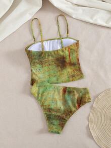 Swim SXY Swim Glamine-D 复古做旧绿棕色纹理女士夏季沙滩吊带比基尼套装，雕塑金属装饰修身吊带泳衣，Niche Sexy Vibe Holiday Outerwear 两件套 - 彩色 - 查看 3