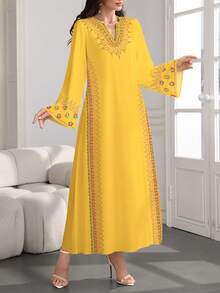 SHEIN Najma Đầm maxi dài tay cổ chữ V kiểu Ả Rập thanh lịch dành cho nữ cỡ lớn, họa tiết retro hoa văn in kỹ thuật số, thêu giả, thích hợp cho mùa xuân/thu. - Nhiều màu - Xem 3
