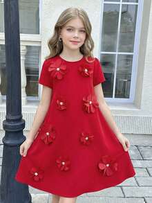 SHEIN Tween Girl Elegant Red Floral Summer Party Dress, Fashionable Round Neck Short Sleeve Red Dress With Flowers For Tween Girl, Party Wear Dress - Burgundy - View 2