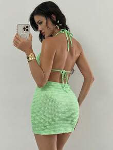 SHEIN Swim Women's Solid Color Halter Sexy Bikini Set With Cover Up Skirt Three-Piece Suit, Hard Shell Edition Summer - Mint Green - View 2