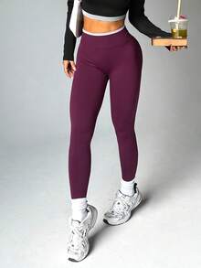 Contrast Waistband Seamless Knit Sports Leggings - Bold Plum - View 3