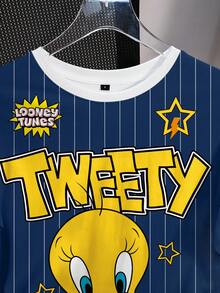 LOONEY TUNES X SHEIN 女士条纹卡通图案休闲圆领短袖T恤 - 白色 - 查看 5