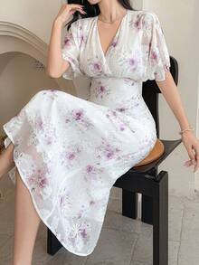 DAZY 女士印花重叠V领泡泡袖优雅连衣裙 - 紫色 - 查看 6