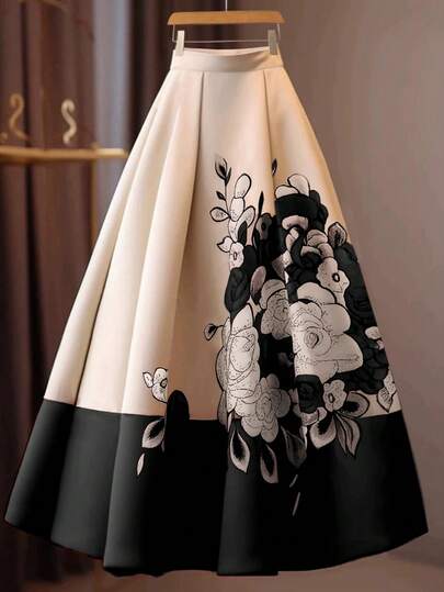 GlowEve Women's Floral Print Pleated Elegant Fashionable A-Line Skirt