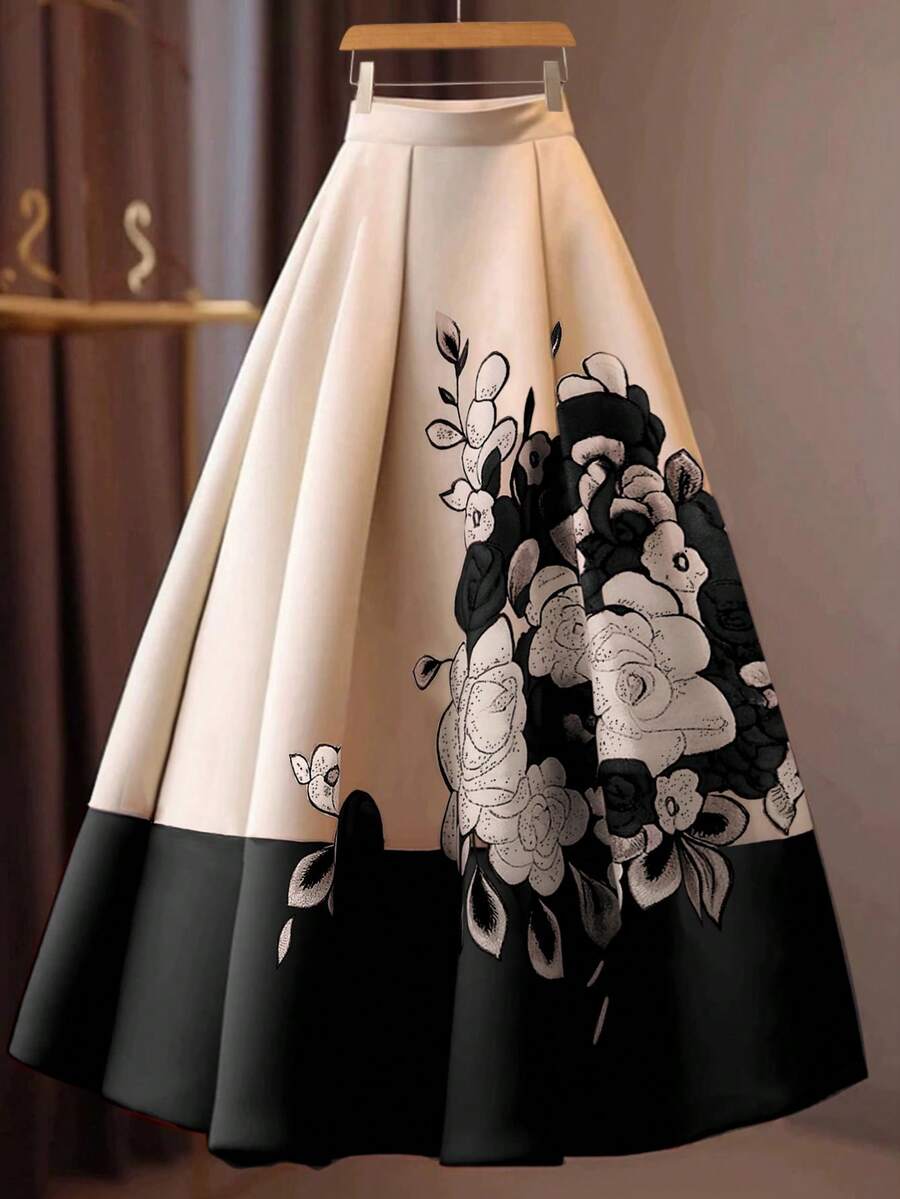 GlowEve Women's Floral Print Pleated Elegant Fashionable A-Line Skirt