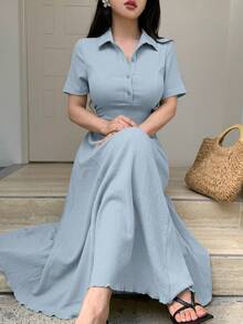 Modelyn Đầm dệt kim dáng midi ôm sát, tay ngắn, khóa kéo nửa thân, màu trơn dành cho nữ - cái hồ màu xanh - Xem 4