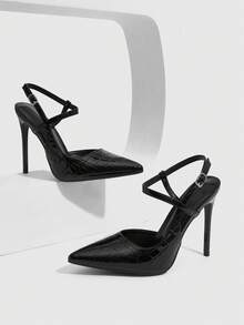 CUCCOO SZL Giày cao gót nữ màu đen kiểu slingback với khóa trang trí. - Đá đen - Xem 4