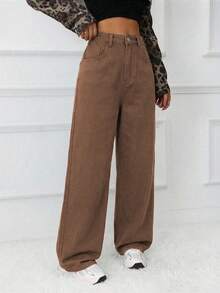 SHEIN Tall Quần jeans ống đứng dáng rộng in họa tiết da báo dành cho nữ - màu nâu - Xem 4