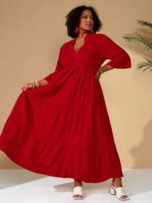 BrightlyHer Plus Size Red Satin Boho Dress For Women,Solid Color Maxi Casual Vacation Holiday Outfits,Autumn Spring Bohemian Beach Clothing,Summer Plus Dresses - Burgundy - View 5