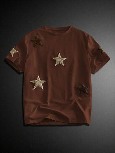 AKNOTIC 男士休闲针织刺绣五角星插肩短袖T恤，适合日常穿着