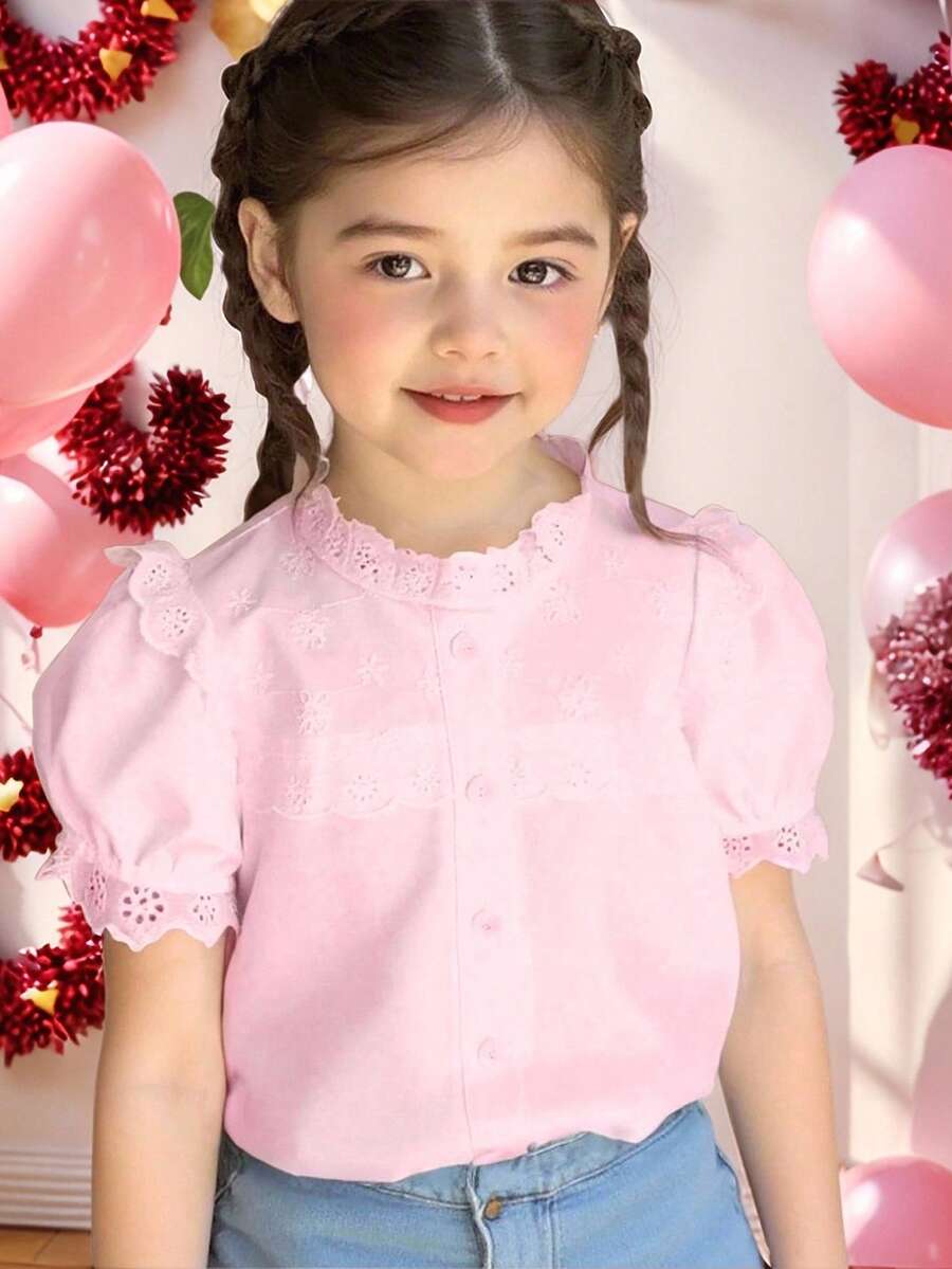 SHEIN Elladie kids 年轻女孩休闲花卉荷叶边泡泡袖短袖纯色衬衫,适合夏季休闲粉色衬衫 - 粉色 - 查看 1