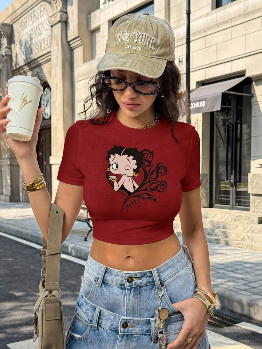 Betty Boop x SHEIN 女士休闲日常通勤卡通人物、花卉字母印花短袖T恤，夏季 - 白色 - 查看 1