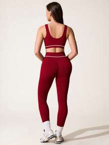 Core Rhythm 女士酒红色多巴胺风格背心和紧身裤套装，适合健身、瑜伽和户外活动 - 酒紅色 - 查看 2