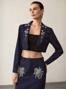 MOTF PREMIUM WOMEN'S RHINESTONE EMBELLISHED DENIM JACKET - Blue - View 4