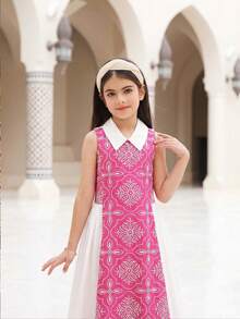 SHEIN Tween Girl Embroidered Woven Contrast Color Ditsy Floral Round Neck A-Line Dress,White,Summer,Cute,Elegant,Party,Vacation,Holidays,Special Occasions - Pink - View 3