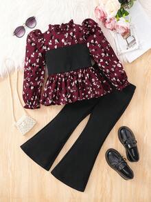 SHEIN Leap Crew 2pcs Young Girl Knit Solid Color Patchwork Collared Casual Shirt And Fitted Flare Pants Set - Red - View 1