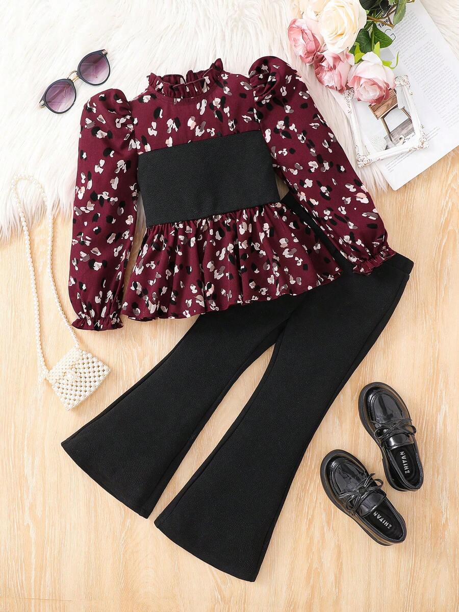 SHEIN Leap Crew 2pcs Young Girl Knit Solid Color Patchwork Collared Casual Shirt And Fitted Flare Pants Set - Red - View 1