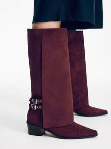 Ontre Sepatu Bot Setengah Betis Wanita Kasual Warna Polos dengan Hiasan Gesper - Bordeaux - View 2