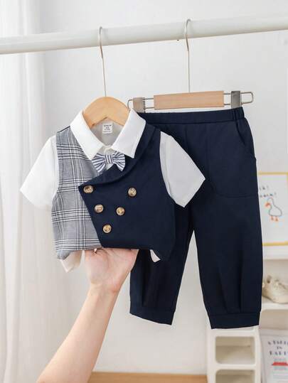 SHEIN Baby Boy Summer/Spring Cute Preppy Style Gentleman Outfit - Contrast Color Plaid Bow Tie Vest Jacket And Casual Pants Suit, Suitable For Birthday Party, Rave, Evening Party, Performance, Wedding, Baby Shower, Christening, 1st Birthday Celebration, Wedding Guest