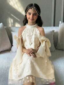 SHEIN 少女宽松优雅立领直袖蝴蝶结3D立体花卉面料连衣裙 - 杏色 - 查看 4