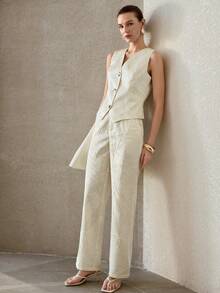 MOTF PREMIUM WOMEN'S APRICOT TEXTURED V-NECK SLEEVELESS WAISTCOAT & PANTS 2-PIECE SET - Apricot - View 4