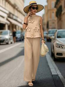 Editum 女士新款时尚优雅浪漫3D立体花卉上衣和阔腿裤两件套 - 杏色 - 查看 8