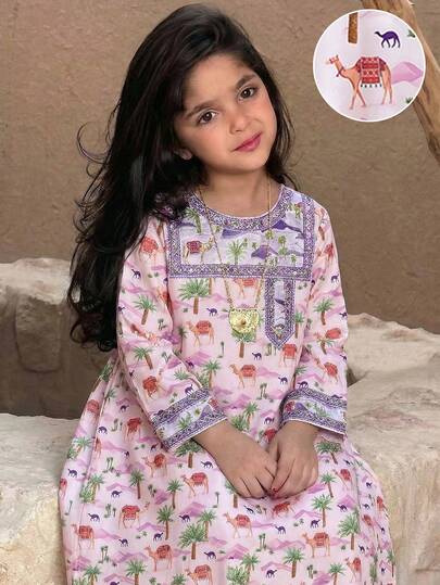 SHEIN فستان طويل الأكمام بطبعة الفلامنجو للفتيات الصغيرات، طراز العطلات، خريفي