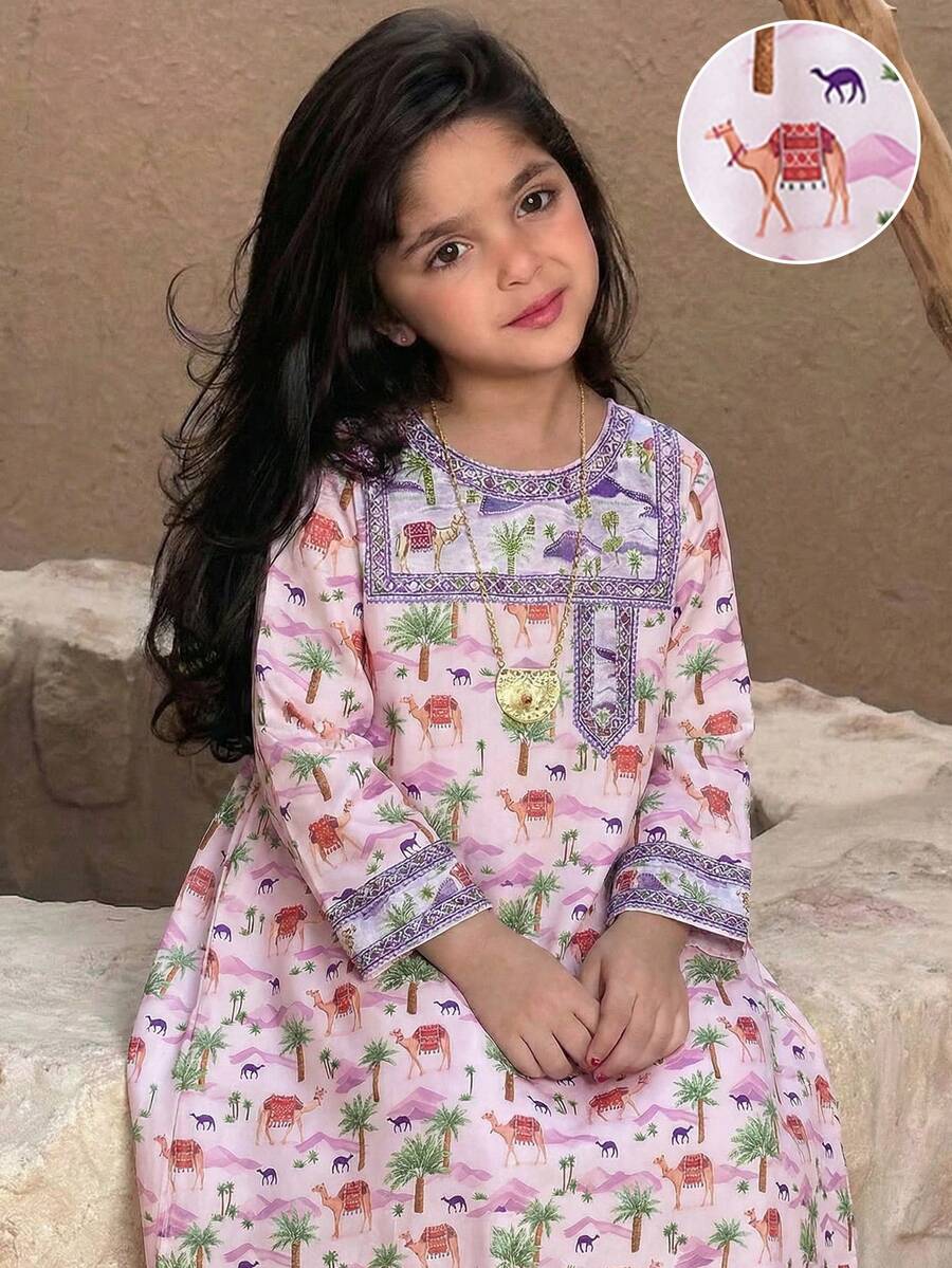 SHEIN Đầm dài tay in hình chim hồng hạc cho bé gái, kiểu dáng đi nghỉ mát, mùa thu. - Màu tím - Xem 1