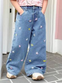 SHEIN Young Girl' Colorful Bow Embroidered Denim Jeans - Light Wash - View 1