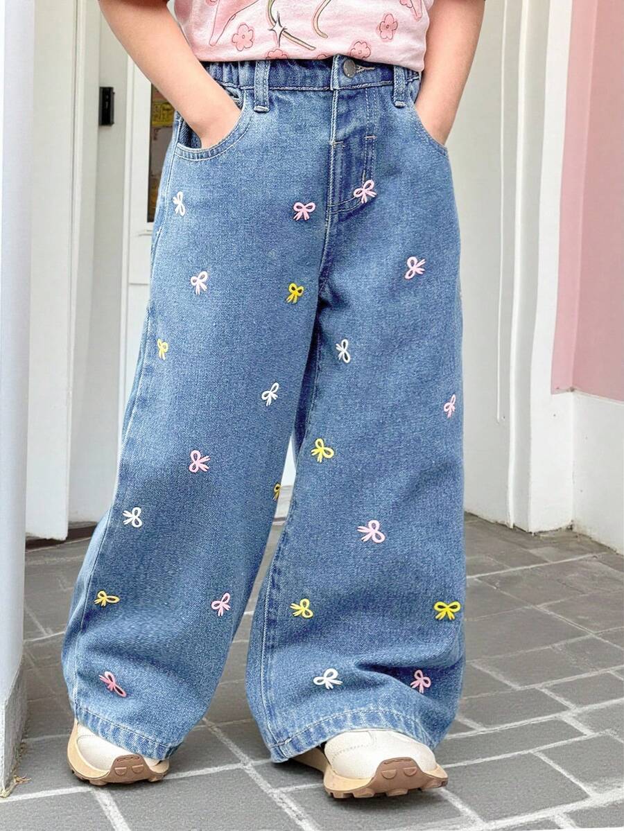 SHEIN Young Girl' Colorful Bow Embroidered Denim Jeans - Light Wash - View 1