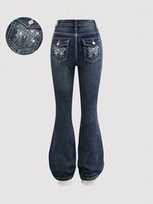 Girlism 少女时尚休闲 Y2K 复古酷炫街头风返校季大学闪亮热钻蝴蝶刺绣图案设计蓝色牛仔弹力紧身喇叭裤柔软日常穿着秋冬锐舞节和街头风校园装 - 深色水洗藍 - 查看 1