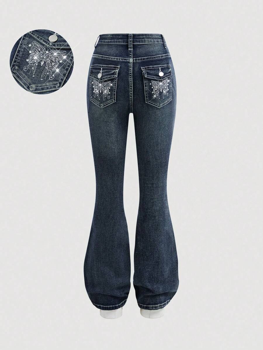Girlism 少女时尚休闲 Y2K 复古酷炫街头风返校季大学闪亮热钻蝴蝶刺绣图案设计蓝色牛仔弹力紧身喇叭裤柔软日常穿着秋冬锐舞节和街头风校园装 - 深色水洗藍 - 查看 1