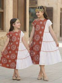 SHEIN 女童印花荷叶边下摆圆领短袖连衣裙