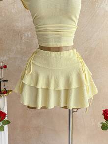 Soleia 新款纹理针织不对称肩部上衣 + 褶皱腰部印花半身裙，波西米亚风，浪漫印花，度假风，适合派对、约会、情人节、复活节、狂欢节、下午茶、海滩、邮轮、城市度假等场合。 - 黃色 - 查看 7