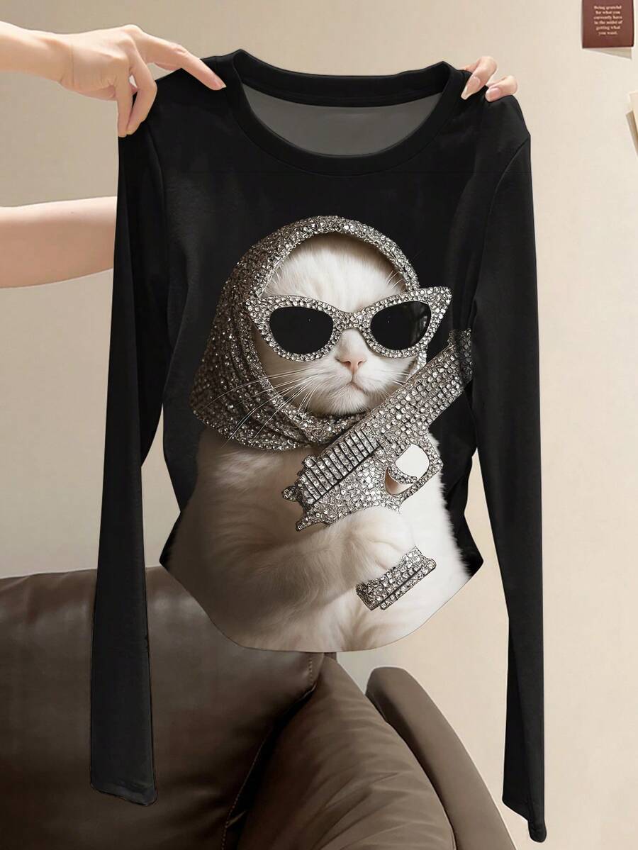 SHEIN Cute Cat Digital Print Stylish Minimalist Women Long Sleeve T-Shirt, Gift For Friends - White - View 1