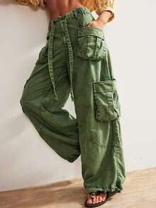Bohemela Boho Winter/Spring Outerwear, Vintage Women's Casual Solid Color Washed Green Woven Loose Drawstring Waist Low-Rise Wide Leg Cargo Pants With Flap Pocket, Western Country Style Concert Party Outfits, Suitable For Beach Vacation Outfit & Daily Wear & Back To School & Going Out Outfits & Party Outfits, Valentine's Day Outfits New Year Clothes, 2000s Y2k Clothes, Summer Holiday Outfits