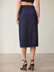 MOTF PREMIUM WOMEN'S RHINESTONE EMBELLISHED DENIM BLUE MIDI SKIRT - Blue - View 3