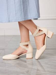 Sleekvia Zapatos de mujer con punta cuadrada, tacón alto grueso, beige, moda, banda elástica hueca, elegante, versátil, cómodo, zapatos de tacón alto para mujer, zapatos huecos