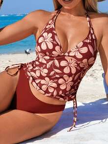 Swim Lushoire Women's Sexy Spaghetti Strap Bikini Set, Casual Vacation Elegant Pattern, Tie-Neck Crop Top And Triangle Bottoms Tankini Swimsuit, Spring/Summer - Multicolor - View 5