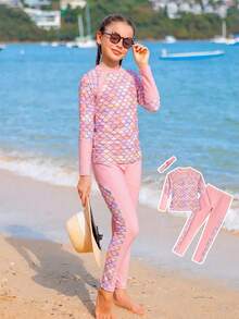 SHEIN Tween Girl Vacation Mermaid Scale Print Long Sleeve Top And Pants Casual Tankini Swimsuit Set