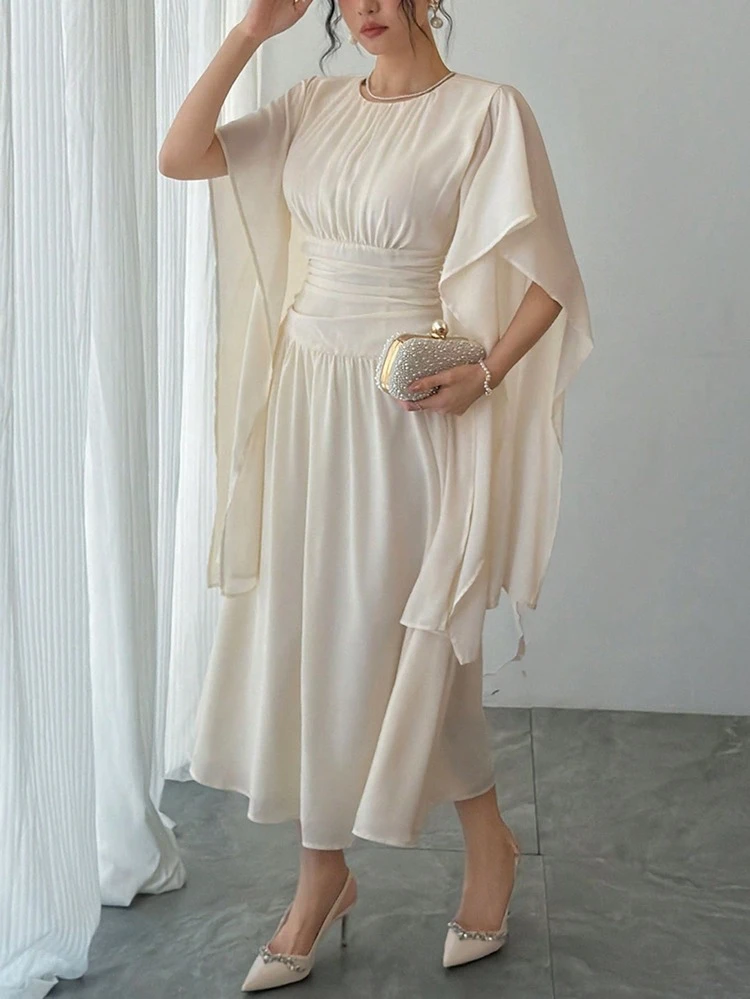 Women's Elegant Party Dress, Solid Color, Ruched Waist, Side Slit Sleeves Sundress