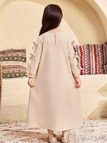 SHEIN 女童纯色方领蝴蝶结装饰休闲连衣裙 - 卡其色 - 查看 3