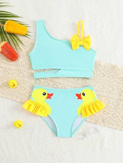 SHEIN GraphicGems Young Girl Vacation Beach Yellow Duck Print Swimwear Set 2 Pieces Bathing Suit For Girls Two Pieces Swimwear For Girls Young Girl 2 Pieces Knit Swimwear Set Ruffled Duck Swim Shorts Summer Two Pieces Set Teens Swim Suit 2 Piece Bathing Suit For Girls Two Pieces Swimsuit For Girls Summer Two Piece Set Teens Swim Suit