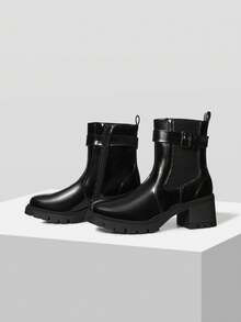 Mnmlis Women's Casual Versatile Buckle Design Chunky Heel Ankle Boots For Christmas - Black - View 2