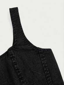 SHEIN MOD 女士纯色方领不对称下摆修身无袖牛仔上衣 - 黑色 - 查看 4