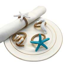 4-20 Pcs Hand-Woven Linen Rope White Resin Starfish Napkin Rings, Ideal For Outdoor, Themed And Holiday Table Decor - Multicolor - View 1