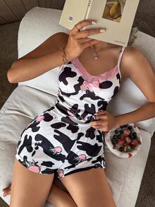 SHEIN 2pcs Cute Cow Print Lace Camisole & Shorts Pajama Set - Multicolor - View 1