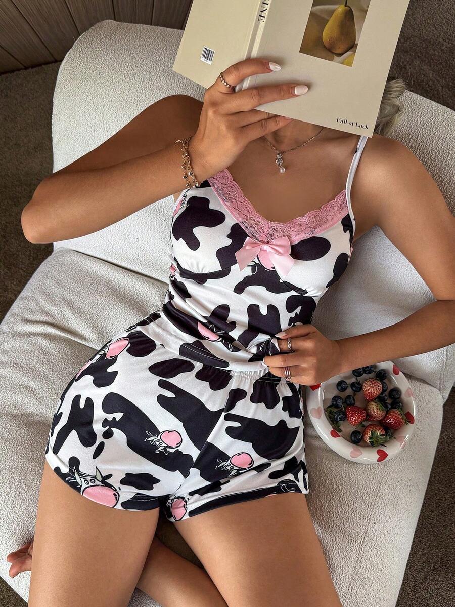 SHEIN 2pcs Cute Cow Print Lace Camisole & Shorts Pajama Set - Multicolor - View 1